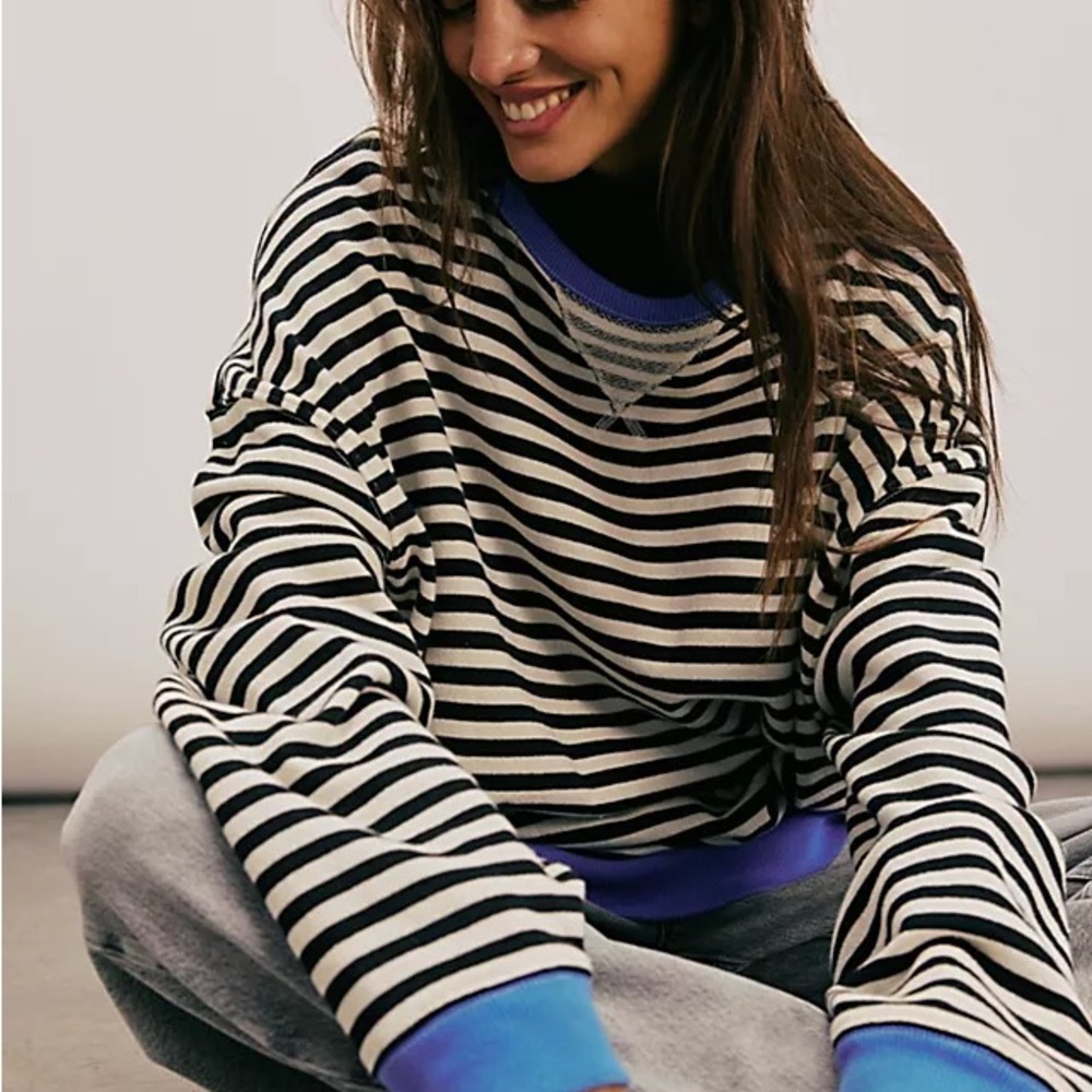 Iconic Rugby Striped Black White Sweatshirt Crewneck Blue Trim Oversized S